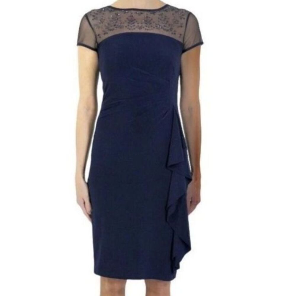 Joseph Ribkoff Cocktail Dress Sz 10 Knee Length Blue Sheath Ruched Beaded Mesh